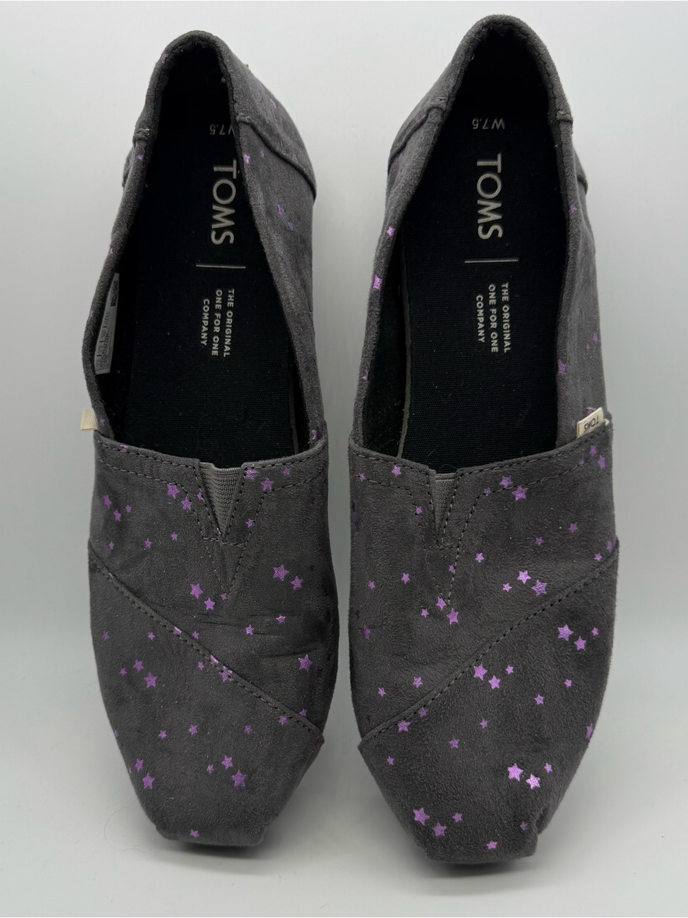 TOMS Women's Alpargata Grey Slip-On Shoes w/ Metallic Purple Star Print. SZ 7.5